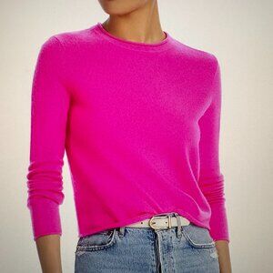 AQUA Bold Pink Long Sleeve Rolled Edge Cashmere Sweater in Women's Medium